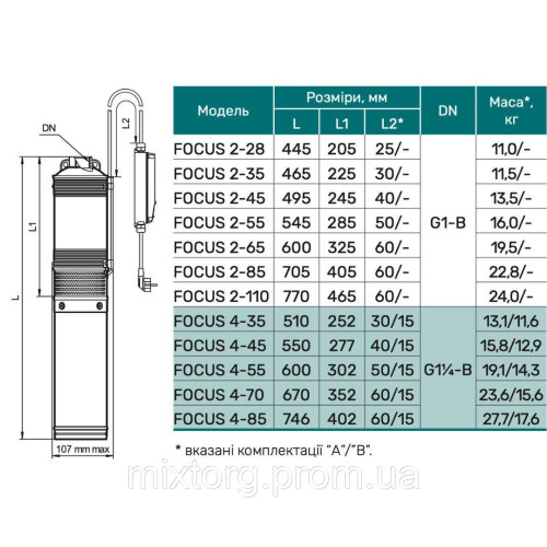 Свердловинний насос FOCUS 2-45B (кабель 2м, муфта) "NPO"