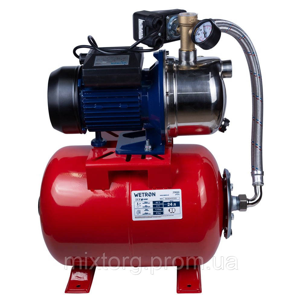 Станція 1.1кВт Hmax 48м Qmax 60л/хв (самовсмоктуючий насос нерж) 24л Україна WETRON JETS100А5 (775054/24)