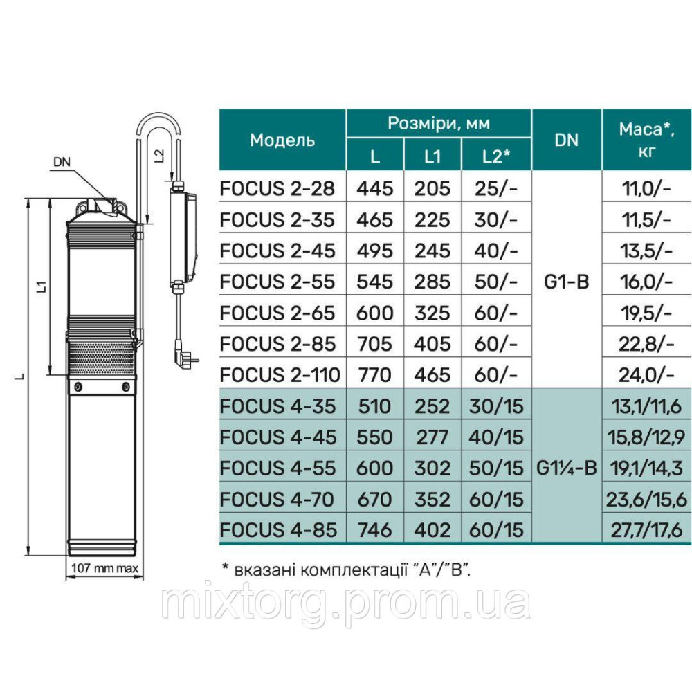 Свердловинний насос FOCUS 2-110B (кабель 60м, шнур підвісу) "NPO"